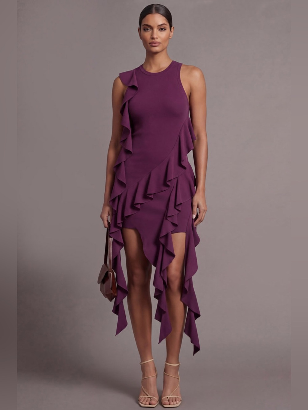 SIMKHAI Wilda Deep Plum Cascade Ruffle Asymmetric Mini Dress